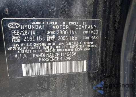 2014 Hyundai Elantra Se from USA, damaged, VIN KMHDH4AE7EU146466